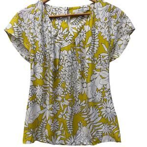Boden Yellow Floral Silk Blend Blouse Women Size US 2 Short Sleeve Top